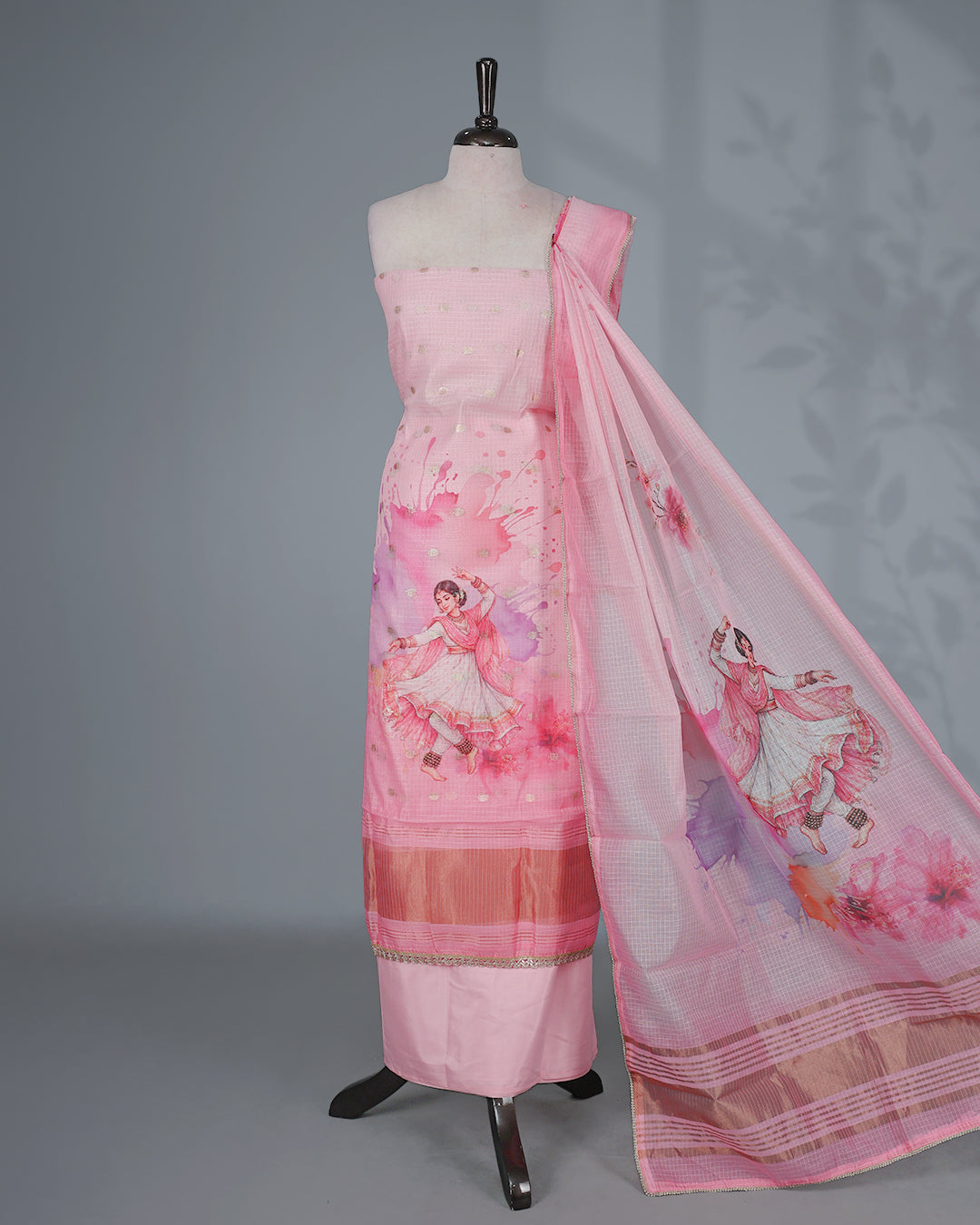 Pink Colour Kotta Net Salwar Material Featuring Elegant Printed Dancer Motif with Delicate Golden Butti Detailing on the Kurta, paired with a matching bottom & beautifully printed Dupatta.