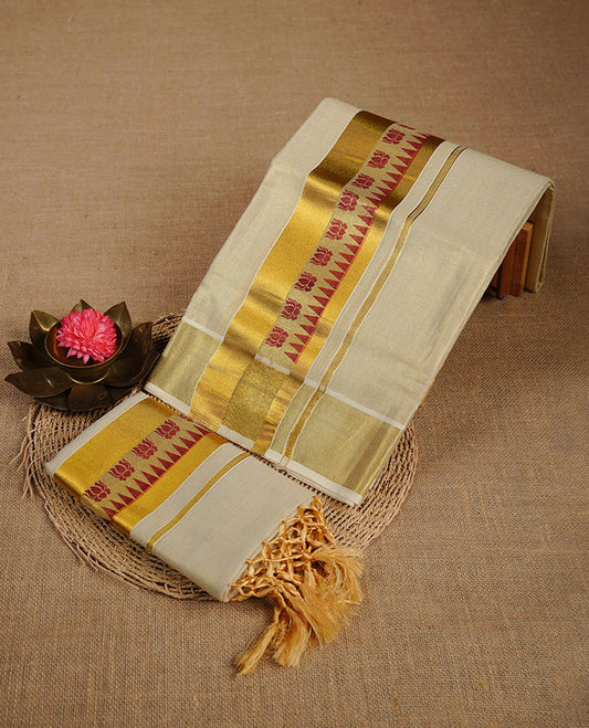 Light gold tissue set mundu highlighting gold zari border with maroon temple & lotus print.