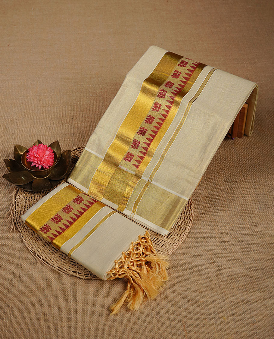 Light gold tissue set mundu highlighting gold zari border with maroon temple & lotus print.