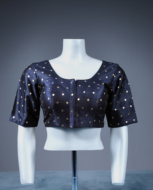 Navy blue Colour Golden Round Motifs, Round Neck Design, 2/4th Sleeves, Padded, Ready Made Blouse.