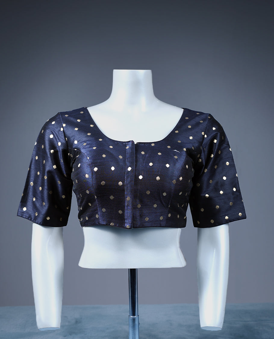 Navy blue Colour Golden Round Motifs, Round Neck Design, 2/4th Sleeves, Padded, Ready Made Blouse.