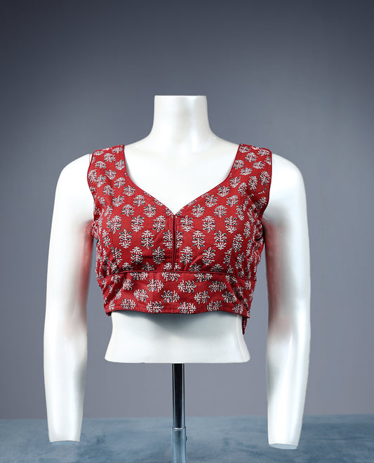 Dark Red Colour Floral Block Print, Deep Neck, Attachable Sleeves, Padded, Ready Made Blouse.