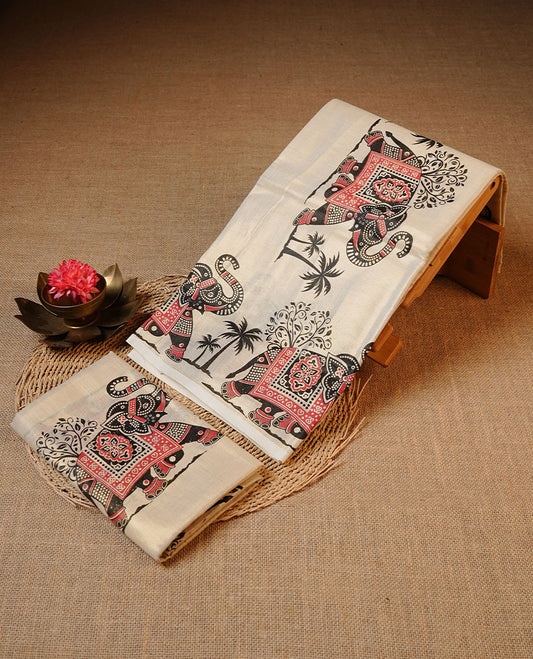 Golden colour Tissue silk set mundu features a plain body accented by a Elephant print border.