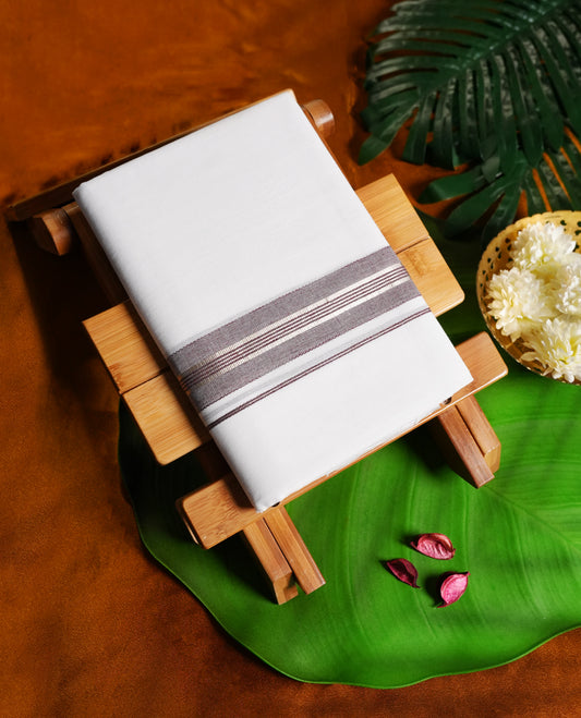 Off white colour cotton single dhoti featuring a bold ash grey kara with elegant double line detailing & Designed for daily comfort and traditional grace ideal for rituals, cultural events, and festive wear.