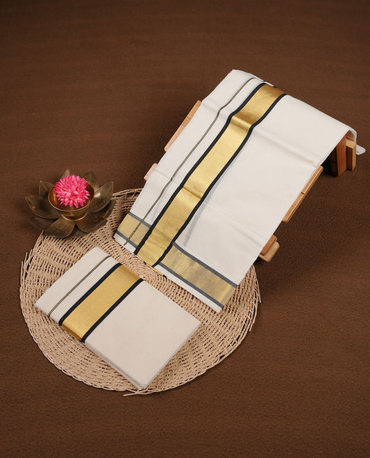 Off white colour cotton set mundu highlights gold and dark blue colour border (2.00/2.80 MTS)