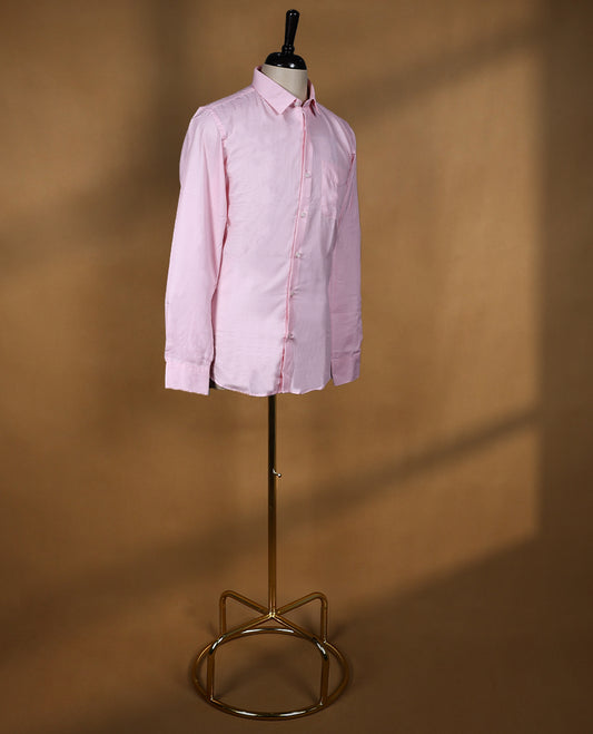 Soft baby pink Peter Eglend men’s shirt in a slim fit silhouette, featuring a subtle textured finish with full sleeves, classic collar, and chest pocket perfect for modern office and semi formal wear