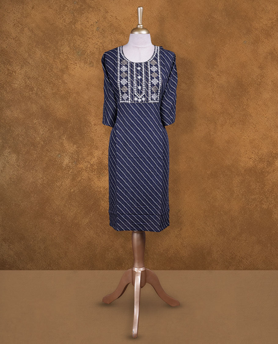 Dark blue colour kurti with styled with a thread pattern around neckline, print pattern across body, knee length design, and a sleeve .