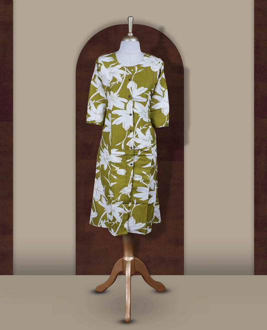 Olive green colour kurthi adorned with bold off white floral prints, featuring a classic round neckline with front buttons and comfy 3/4th sleeves.