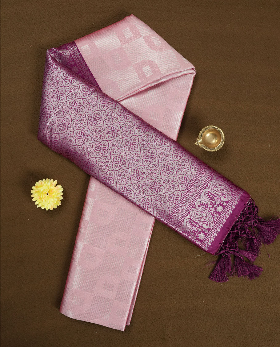 Blush Pink colour Semi Silk Saree with Self-Checked Geometric Patterns on the Body, Contrasting Plum Purple Zari Woven Pallu and Border Featuring Intricate Motifs and Tassels, Paired with Coordinated Blouse Piece