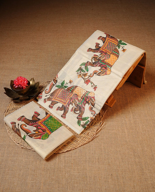 Golden colour Tissue silk set mundu features a plain body accented by a Elephant print border.