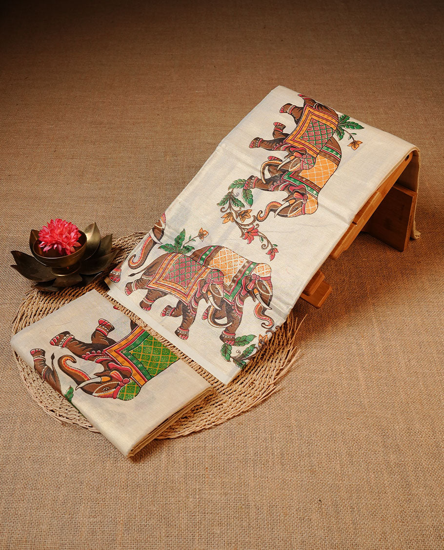 Golden colour Tissue silk set mundu features a plain body accented by a Elephant print border.