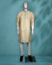 Haldi yellow colour semi silk kurta set featuring multicolour floral thread work on the body, full sleeves, and paired with a matching bottom.
