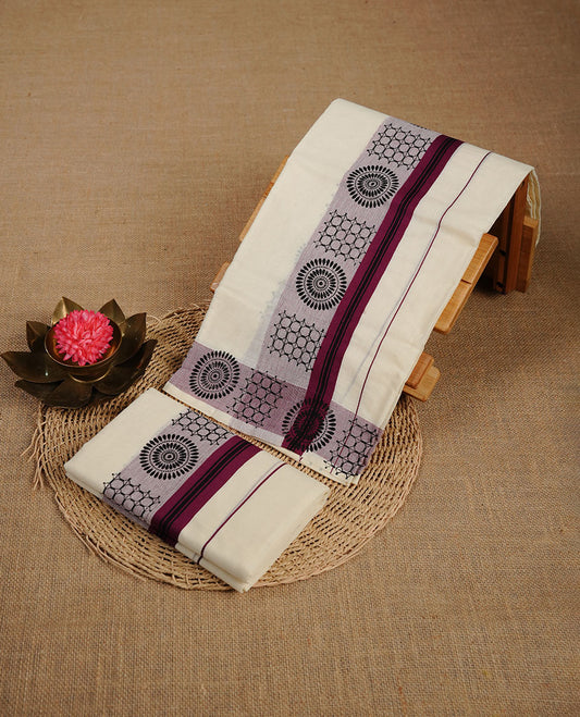 Cream colour cotton set mundu highlighting Dark pink with black colour pattern on border.