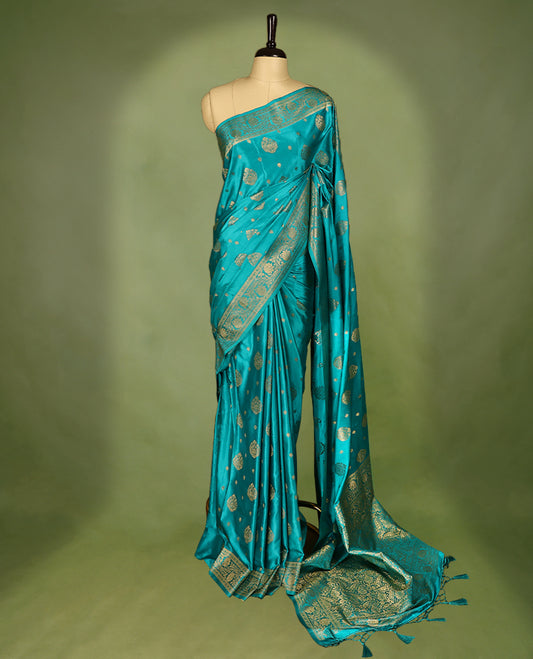 Light Blue Colour Semi  Banarasi Saree having Golden Buttas in Body with Worked Border and Blouse