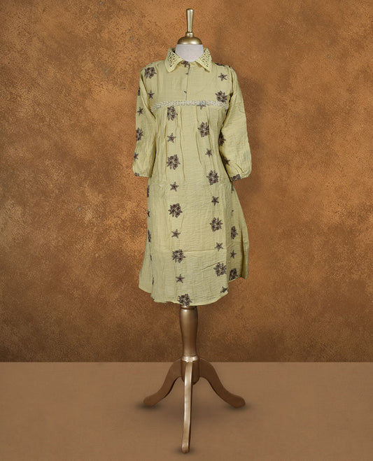 Sage green kaftan-style nightwear dress with V-neckline, drawstring waist tie, relaxed draped sleeves, and lace-detailed edges.