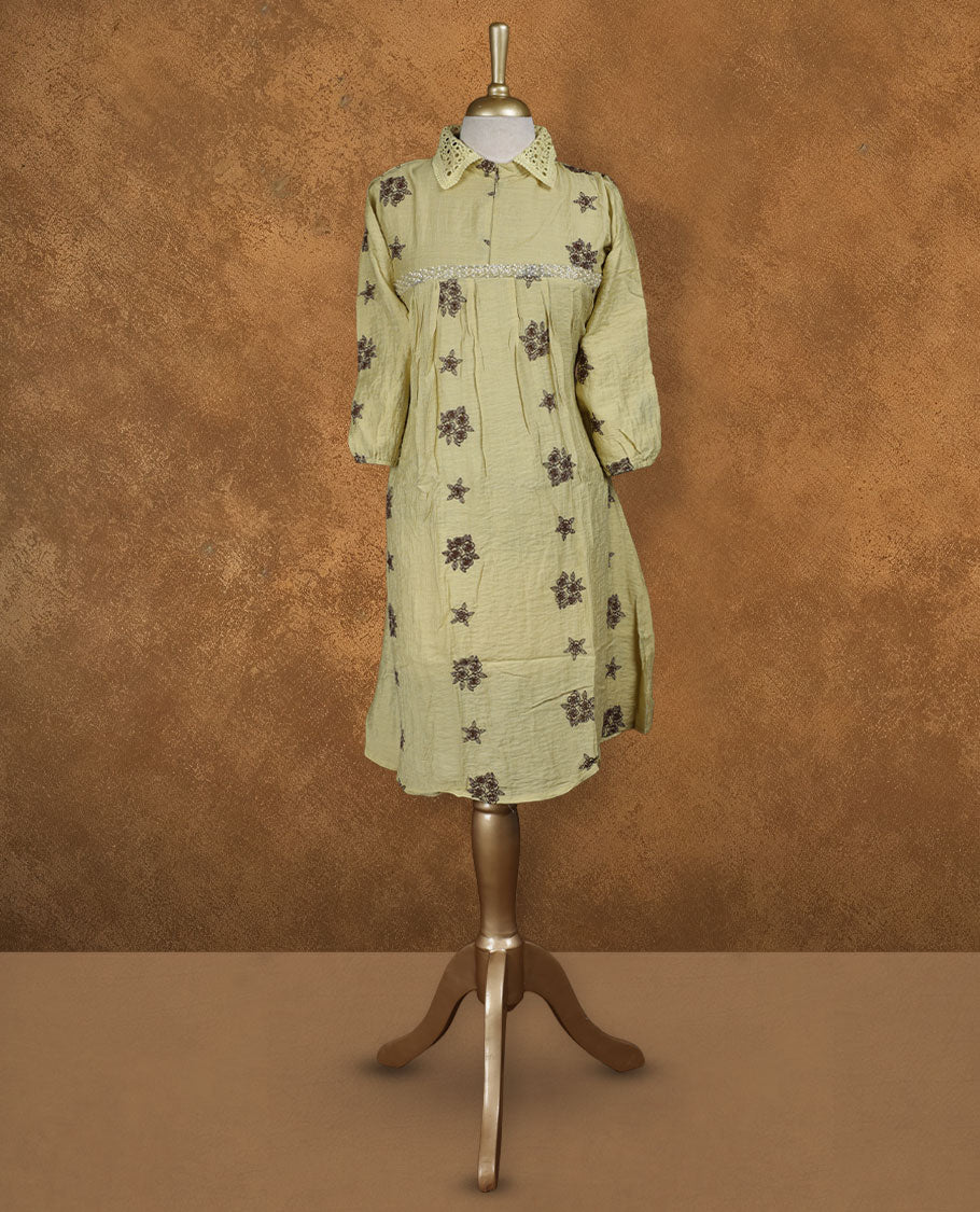 Sage green kaftan-style nightwear dress with V-neckline, drawstring waist tie, relaxed draped sleeves, and lace-detailed edges.