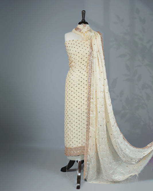 Off white colour salwar material with Cut beats & sequins work on body, Matching Bottom & dupatta.