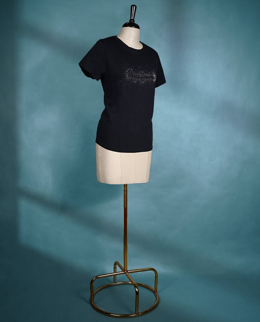 Black short sleeve T shirt featuring a round neck and a slim fit, crafted from soft fabric with a rhinestone logo detail for a modern, stylish look.