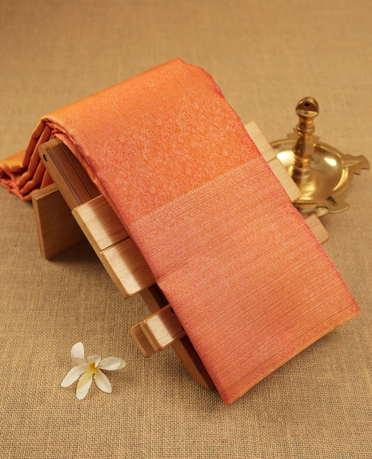 Mango yellow colour Kanchipuram pattern Manthrakodi saree featuringrose gold zari floral pencil art design & jari jacquard design and geometrical border and jacquard zari blouse piece.