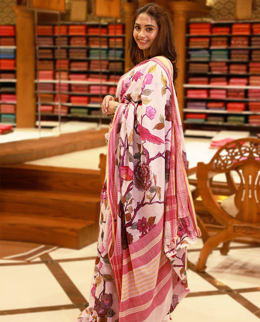 Off-white Colour lightweight khadi cotton saree featuring earthy-coloured digital floral kodi prints on the body and pallu, paired with a matching blouse.