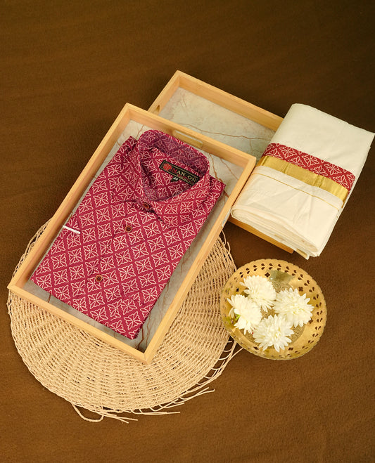 Maroon colour shirt featuring Cream colour Pattern printed body, paired with cream colour double dhoti featuring Gold kara with Same printed border.