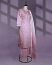 Light pink colour kurta set featuring three-quarter sleeves, a round neckline with button detailing and floral Work, paired with matching pants and a soft ombré dupatta for a charming, everyday ethnic look