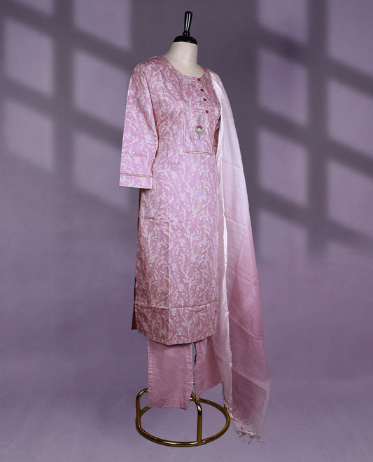 Light pink colour kurta set featuring three-quarter sleeves, a round neckline with button detailing and floral Work, paired with matching pants and a soft ombré dupatta for a charming, everyday ethnic look