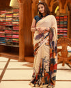 Beige and Aegean Blue Colour lightweight khadi cotton saree with earthy-coloured digital floral prints on the Body and pallu, paired with a matching blouse.
