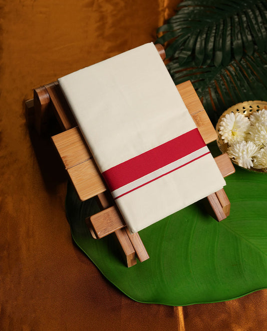 Cream Colour Pure Cotton single Dhoti with Red Colour Border for Men