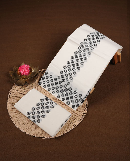 Off white colour cotton set mundu highlights black colour floral pattern across border (2.00/2.80 MTS)