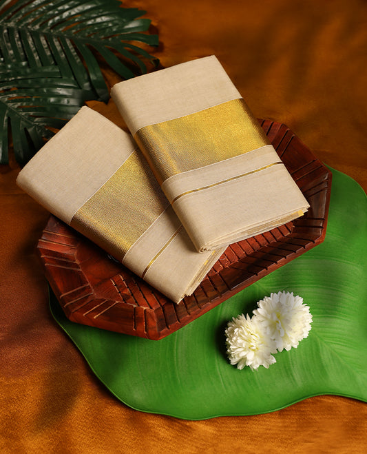 Light Gold colour tissue SET MUNDU featuring a plain body, complemented by a Bold Gold toned 3 Inch border(2.00/2.80 MTS ).