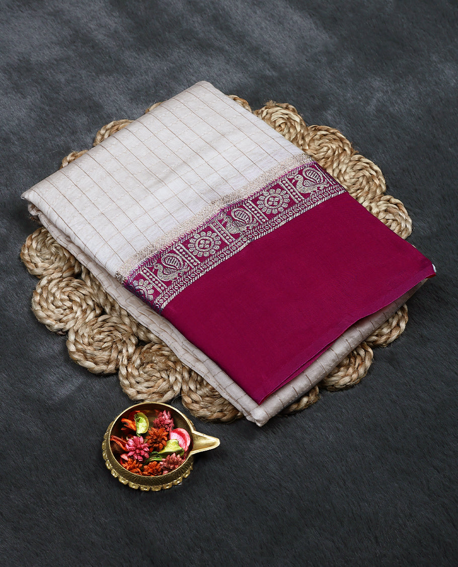Off White Colour Assam Silk Saree Saree having Checked Body with Dark Magenta Colour Border and Blouse