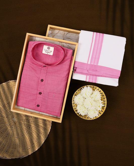 Pink colour short kurta and white dhoti set featuring a coordinated pink zari border crafted for a cheerful and traditional appearance perfect for festive occasions