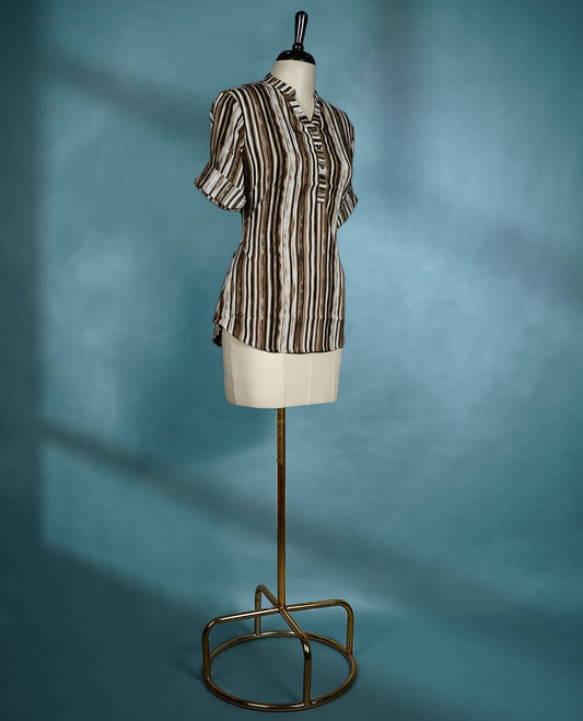 Brown Colour Striped Mandarin Collar Short Sleeve Top for Women.