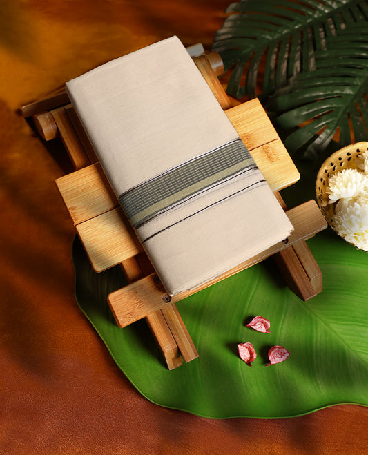 Off white colour handloom pure cotton double dhoti highlighted with an elegant grey border featuring fine stripe detailing and silver accents for a refined traditional look.