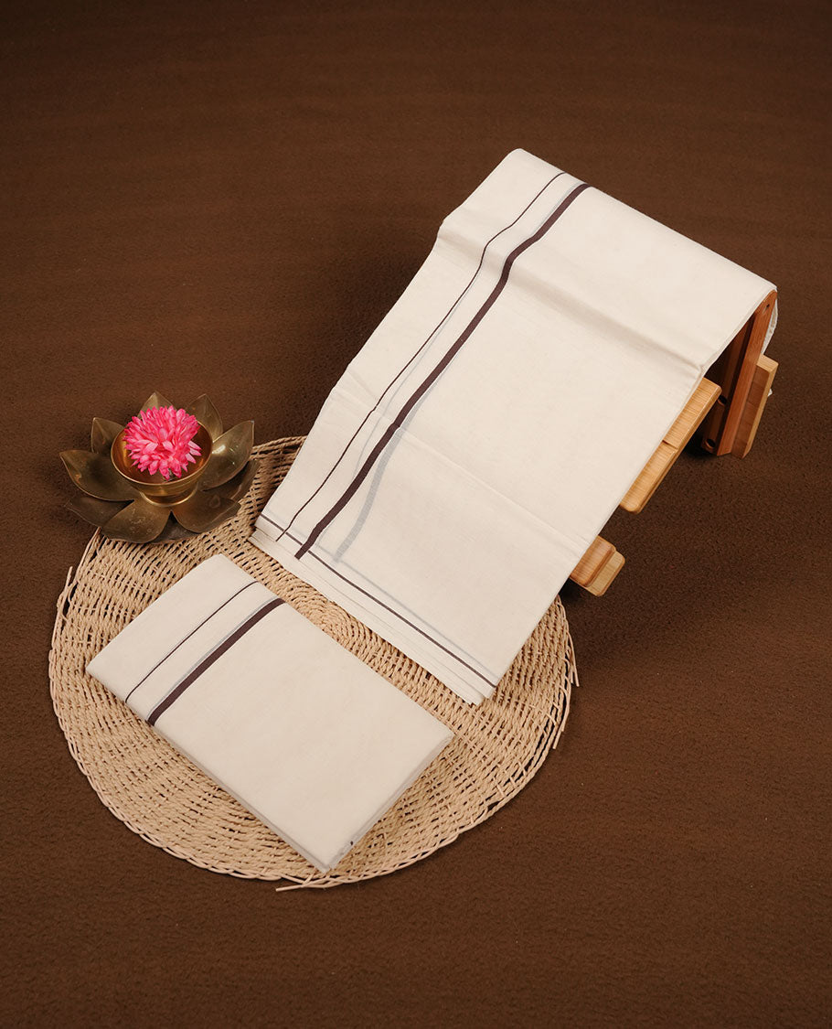 Off white colour cotton set mundu highlights white and chocolate brown simple border (2.00/2.80 MTS)