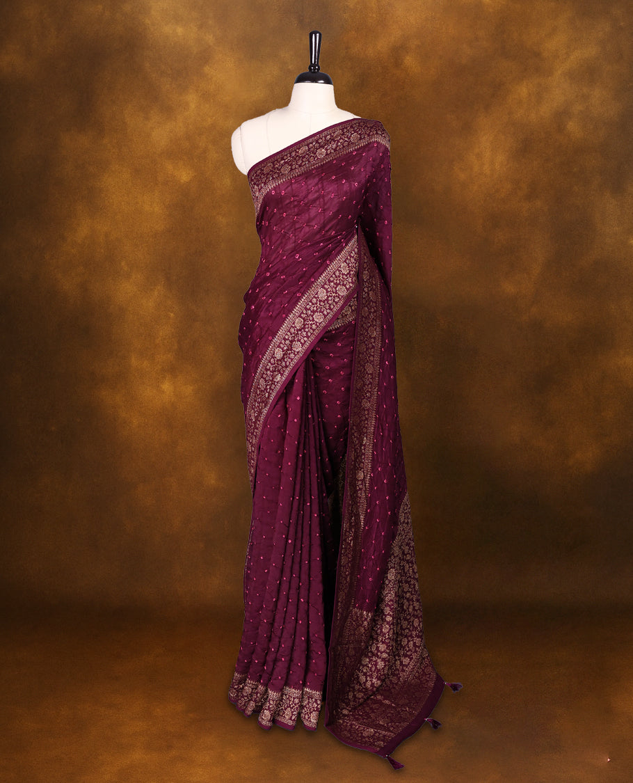 Grape wine colour Banarasi Bandhani silk saree featuring pink hand Ban