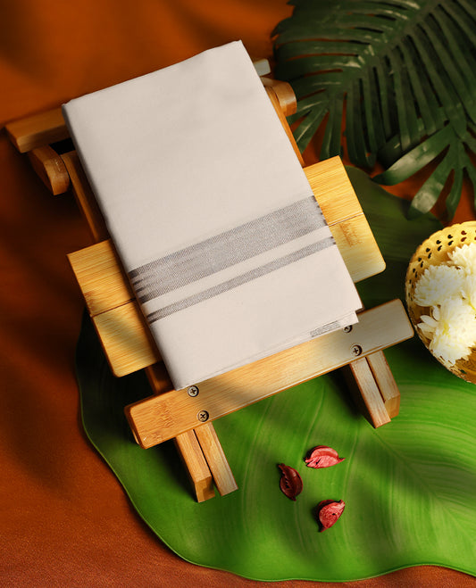 Light ivory Colour cotton single dhoti with 1 Inch Silver kara, crafted for traditional elegance & comfort, for men.