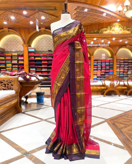 Rani pink and brown colour chettinad cotton saree with double pot border and traditional zari work without blouse piece.