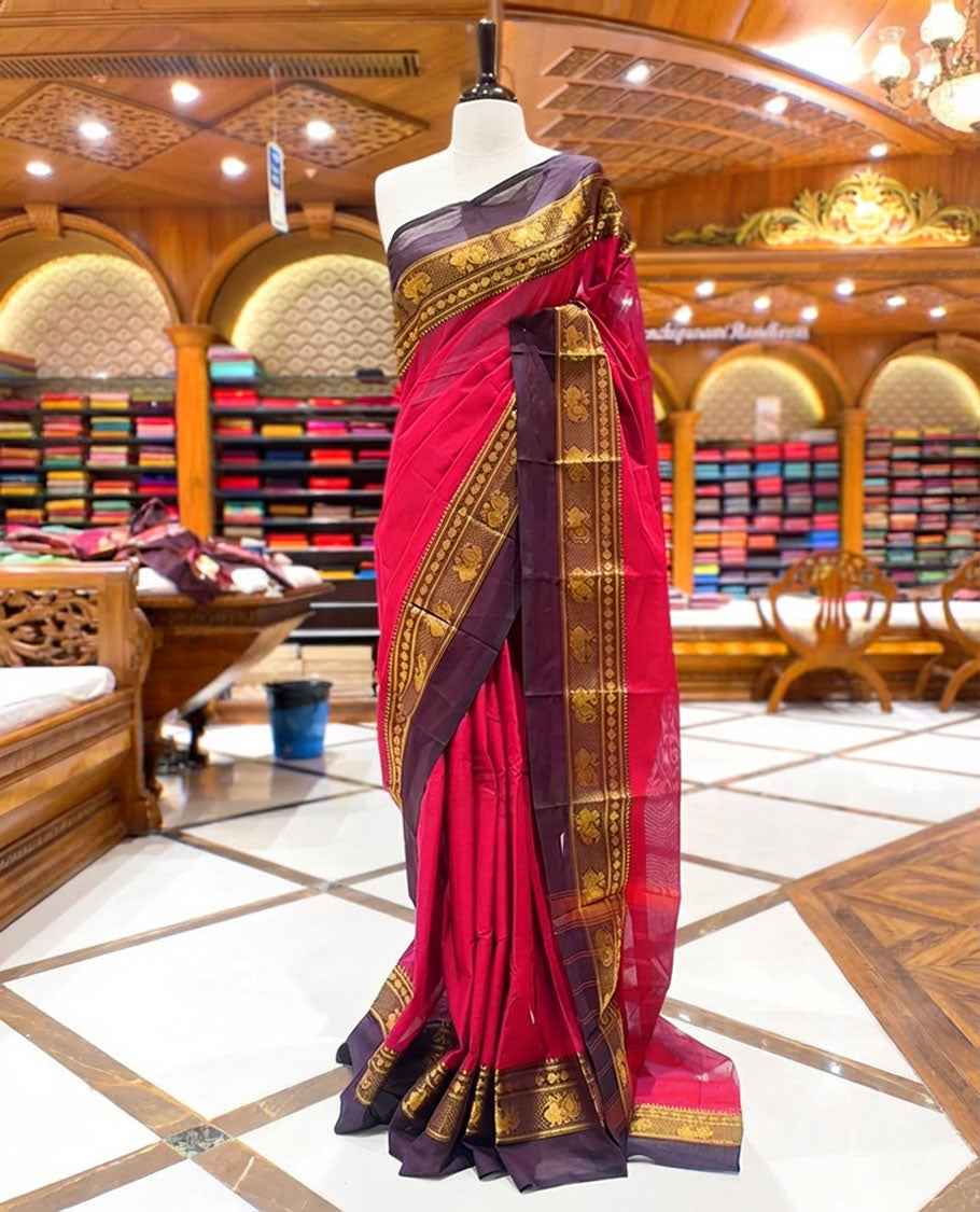 Rani pink and brown colour chettinad cotton saree with double pot border and traditional zari work without blouse piece.