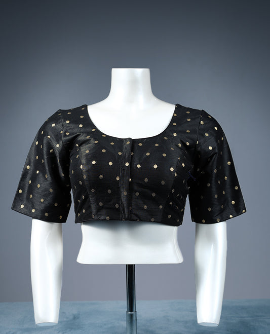 Black Colour Golden Round Motifs, Round Neck, 2/4th Sleeves, Padded, Ready Made Blouse.