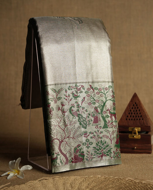 Light Green Tissue Saree, Forest Animal Print with Birds and Deer, Green and Maroon Printed Border, Green Leaf Motifs on Cream Pallu, with Matching Blouse