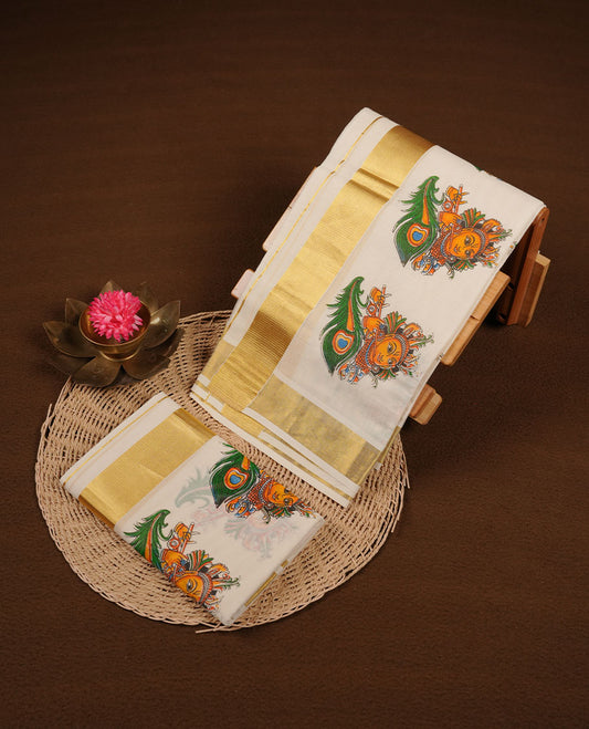 Off white colour cotton set mundu highlights gold zari border featuring krishna print across border (2.00/2.80 MTS)