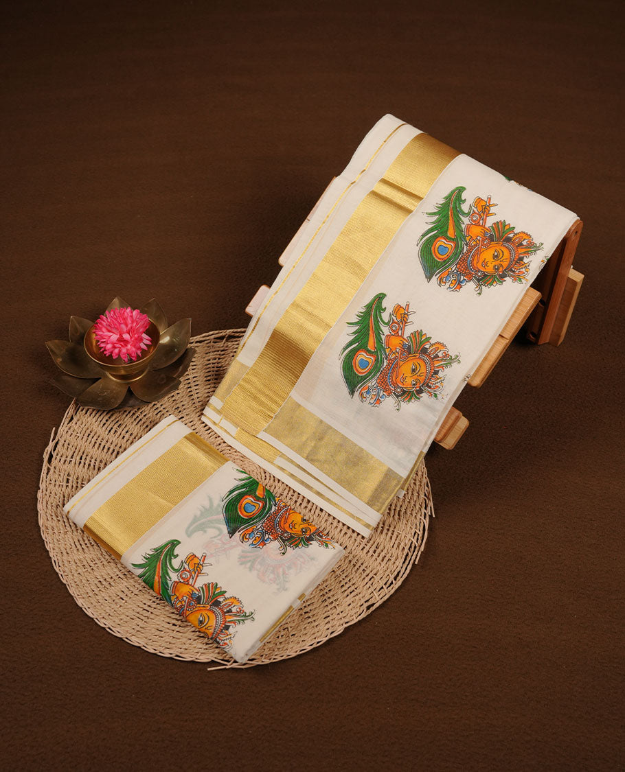 Off white colour cotton set mundu highlights gold zari border featuring krishna print across border (2.00/2.80 MTS)