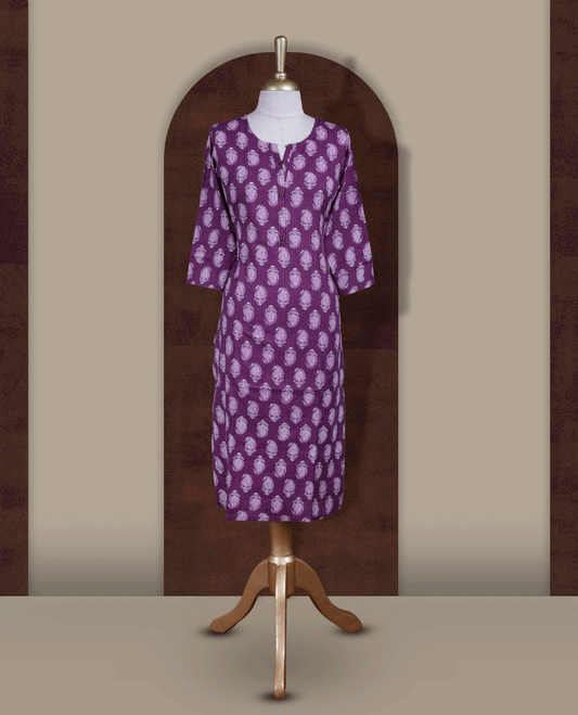 Purple colour kurthi adorned with delicate white paisley prints, featuring a stylish V notch round neckline and comfy 3/4th sleeves & Designed in a straight cut silhouette for a graceful, everyday look.