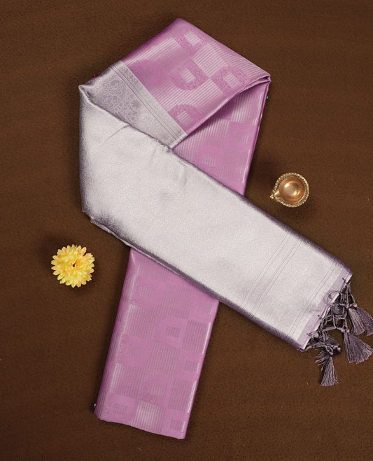 Pink colour Semi Silk Saree with Self-Checked Geometric Patterns, Contrasting Silver Zari Woven Pallu and Border with Intricate Motifs and Tassels, Paired with Coordinated Blouse Piece