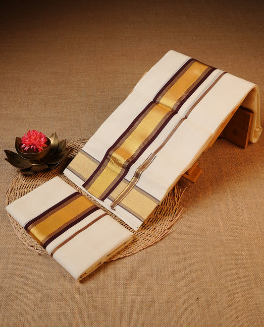 Off white colour Cotton Set Mund featuring a plain body, enhanced by a gold zari border with chocolate brown stripes.