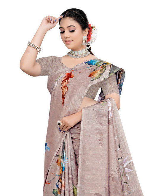 Pastel Onion colour Semi linen saree featuring vibrant multicolour floral digital prints on body and pallu, paired with a matching blouse.