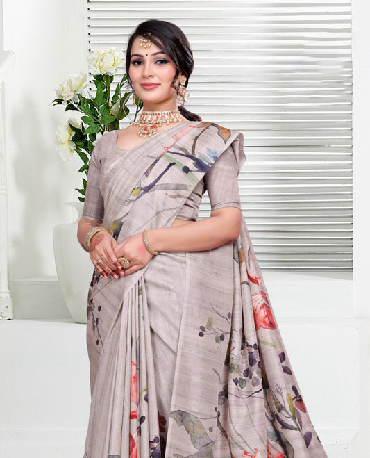 Pastel Onion colour Semi linen saree featuring vibrant multicolour floral digital prints on body and pallu, paired with a matching blouse.