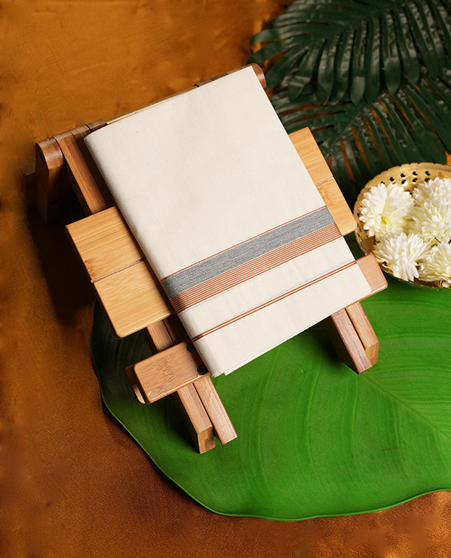 Cream Colour Pure Cotton single Dhoti with Brown, gray and silver Colour Border for Men